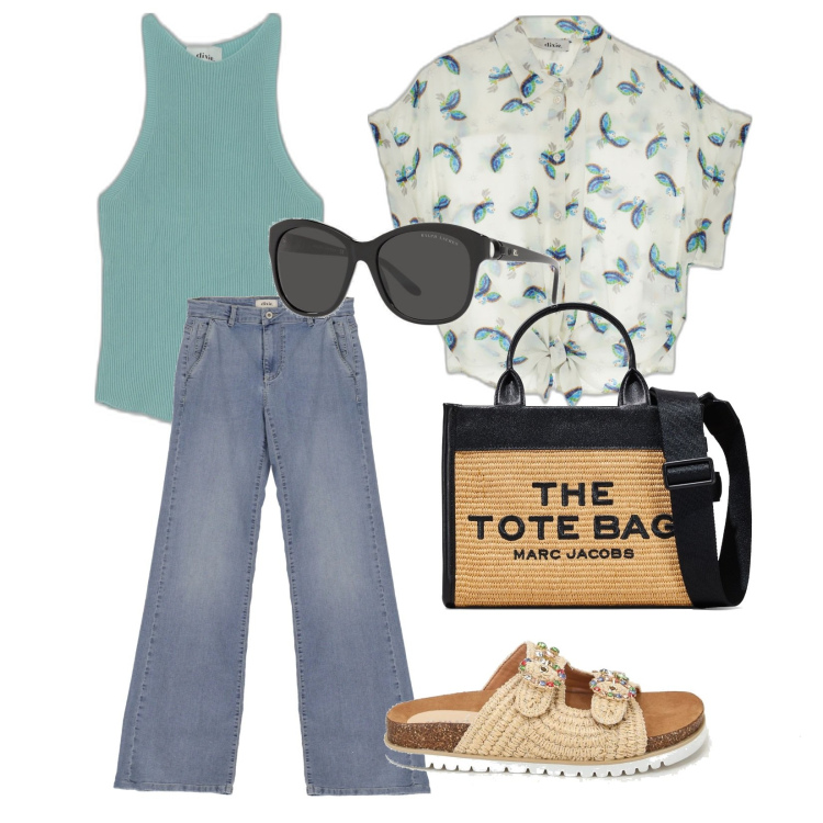 Outfit donna - Tempo libero. Stile Trendy per Tutti i giorni. Abbinamento con sandali, camicie a manica corta, jeans, canottiere, occhiali da sole, shopping bag.