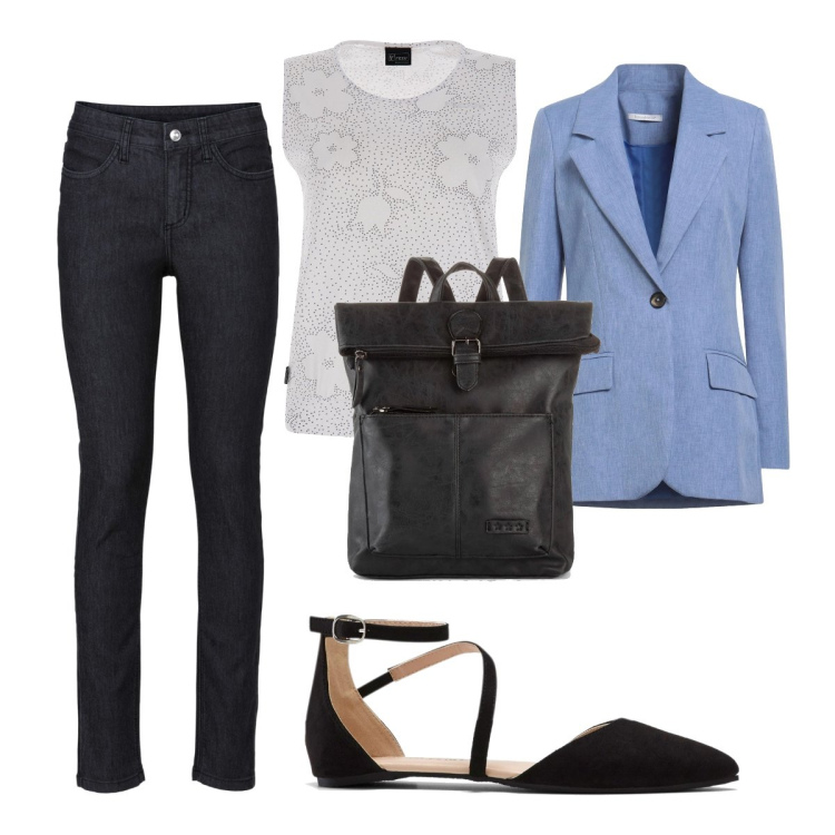 Outfit donna - Quasi in ferie. Stile Casual per Ufficio. look ideale per Tall. Abbinamento con zaini, ballerine, jeans skinny, blazer, canottiere.