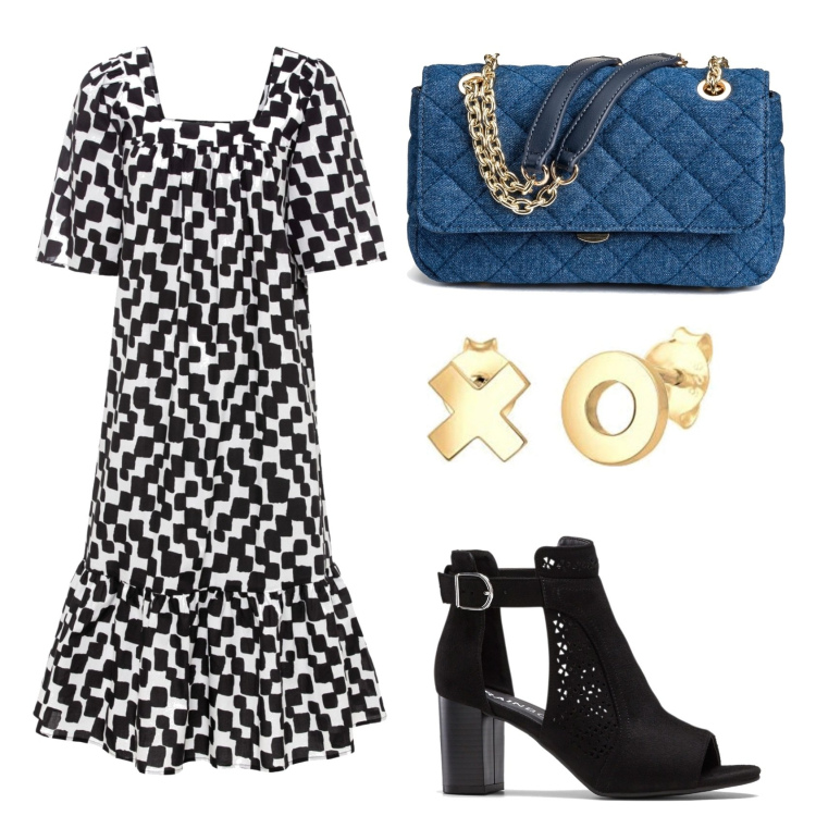 Outfit femme - Au cinéma. Style Casual pour Soirée dehors. Assortir avec robes mi-longues/au genou, sandales à talon, boucles d'oreilles, sacs à main.