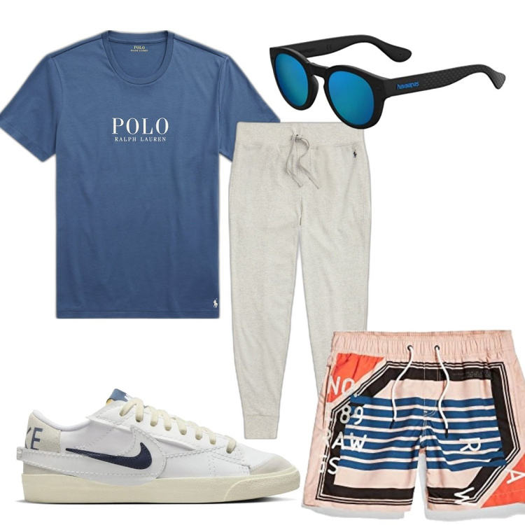 Outfit uomo - Total look #1658889. Stile Trendy per Mare. Abbinamento con t-shirt, pantaloni, occhiali da sole, sneakers, costumi.