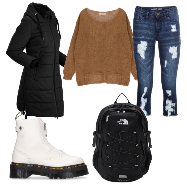 Outfit donna - Zaino nero. Stile Casual per Tutti i giorni. Abbinamento con blazer, vestiti asimmetrici, maglieria, zaini, stivaletti.