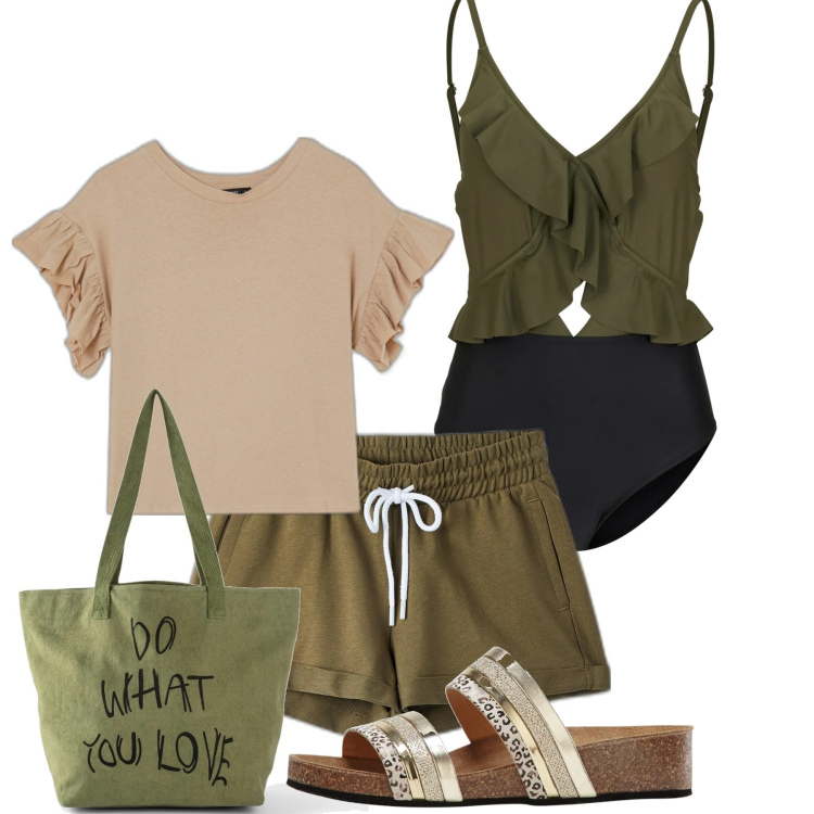 Outfit donna - Rouches a Pantelleria. Stile Chic per Mare. Abbinamento con costumi interi, ciabatte, shopping bag, pantaloni corti, t-shirt.