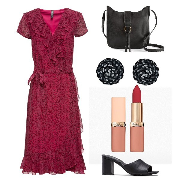 Outfit donna - alle nozze di mia cugina. Stile Chic per Cerimonia. Abbinamento con ciabatte, borse a tracolla, vestiti midi/longuette, rossetti, orecchini.