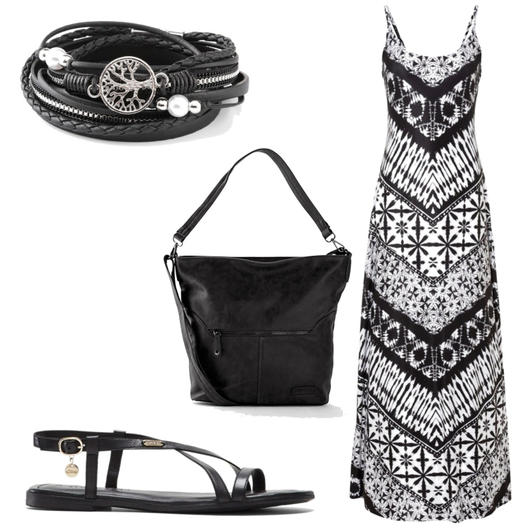 Outfit donna - Total look #1658993. Stile Boho per Tutti i giorni. look ideale per Tall. Abbinamento con borse a tracolla, vestiti lunghi, sandali in pelle, braccialetti.