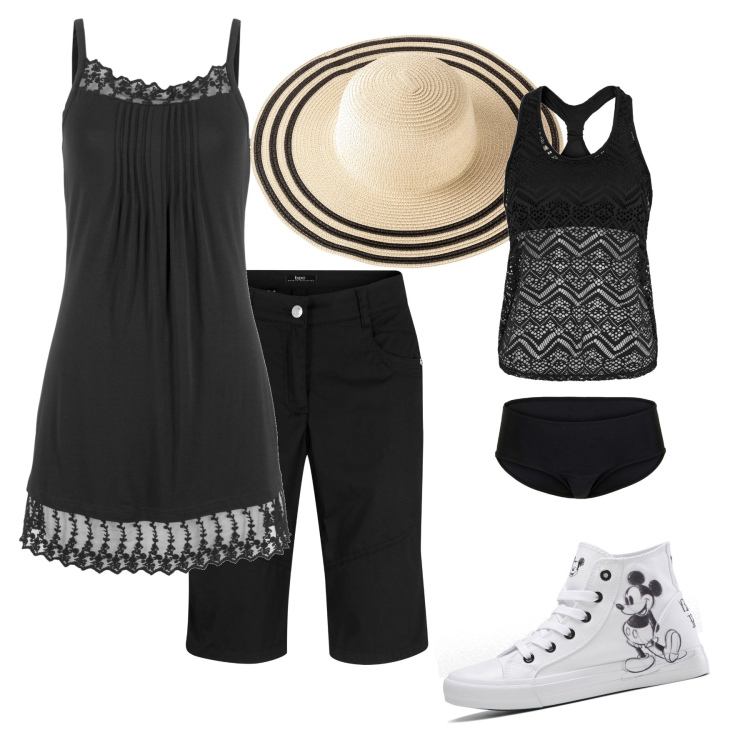 Outfit donna - Minnie al mare. Stile Trendy per Mare. Abbinamento con costumi interi, top, bermuda, sneakers alte, cappelli.
