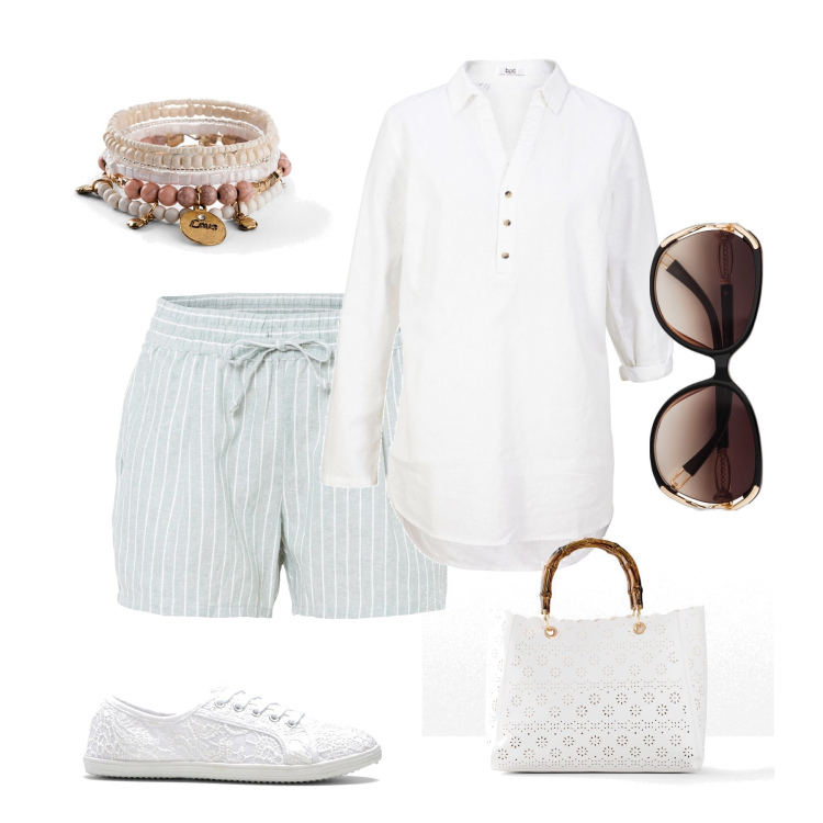 Outfit donna - Il bianco sempre al top. Stile Casual per Mare. Abbinamento con braccialetti, occhiali da sole, sneakers, tuniche, shorts, borse a mano.