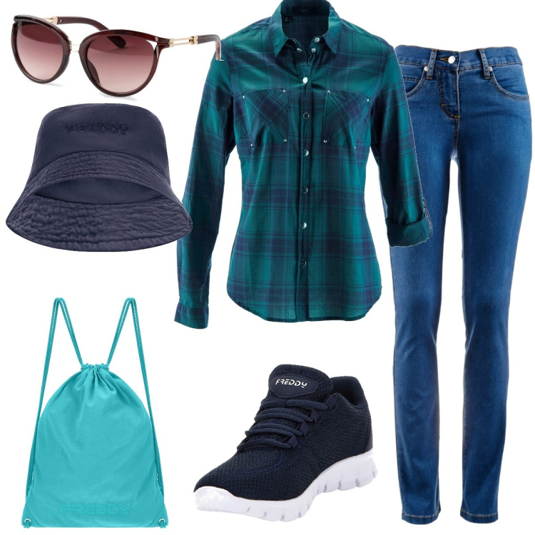 Outfit donna - Total look #1659067. Stile Casual per Tutti i giorni. Abbinamento con jeans dritti, occhiali da sole, camicie, cappelli, zaini, sneakers.