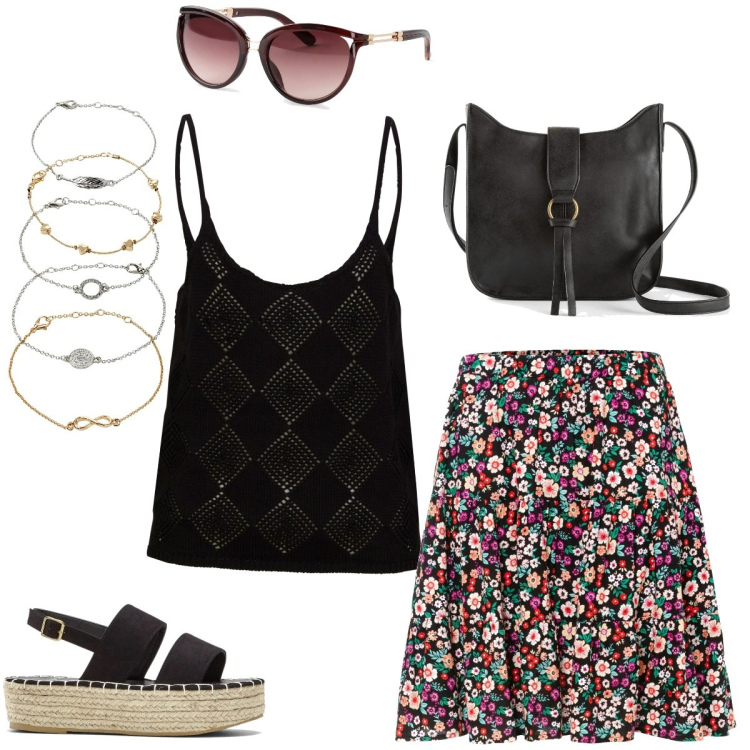 Outfit donna - Fiori d\'estate. Stile Casual per Tutti i giorni. Abbinamento con borse a tracolla, braccialetti con ciondoli, occhiali da sole, gonne, top, sandali.