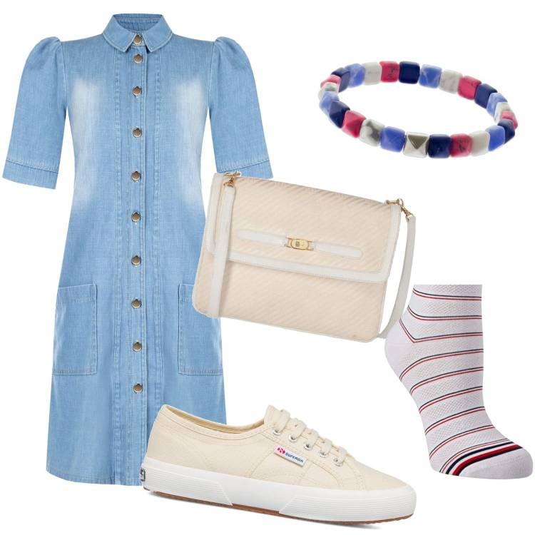 Outfit donna - Quei dettagli multicolor. Stile Casual per Tutti i giorni. Abbinamento con borse a tracolla, vestiti chemisier, sneakers, braccialetti, calzini.