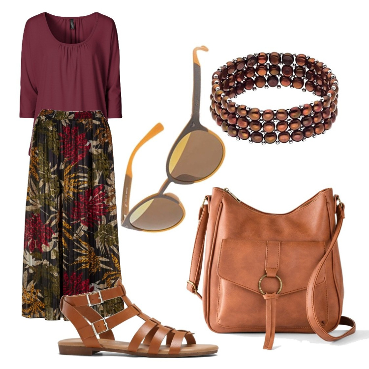 Outfit donna - Total look estivo. Stile Etnico per Tutti i giorni. Abbinamento con maglieria, borse a tracolla, gonne lunghe, sandali, braccialetti, occhiali da sole.