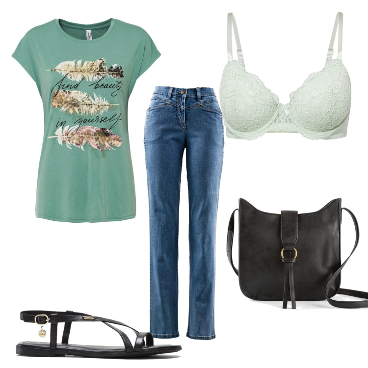 Outfit donna - Prezzi bassi!. Stile Casual per Tutti i giorni. Abbinamento con t-shirt, borse a tracolla, jeans dritti, reggiseni, sandali in pelle.