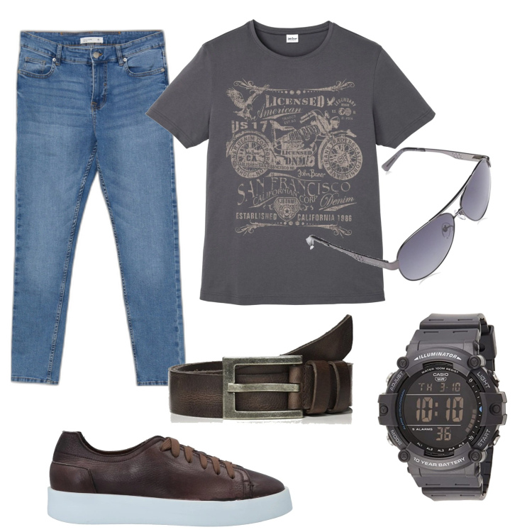 Outfit uomo - Total look #1659323. Stile Urban per Tutti i giorni. Abbinamento con t-shirt, sneakers, jeans skinny, occhiali da sole, cinture, orologi.