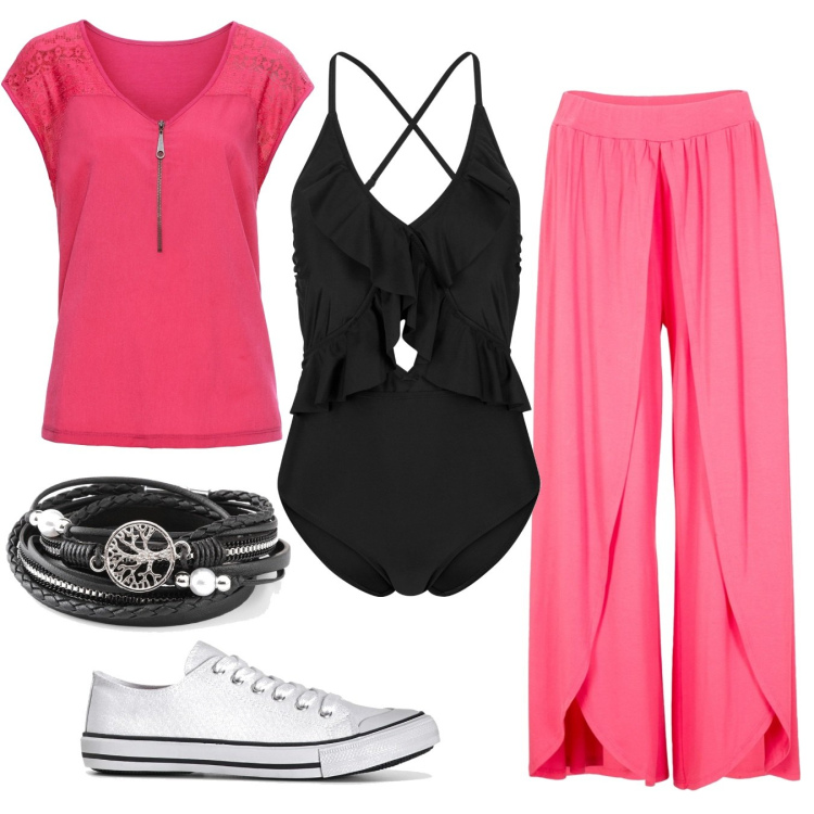Outfit donna - Pantalone con spacchi. Stile Sporty chic per Mare. Abbinamento con costumi interi, braccialetti, pantaloni, t-shirt, scarpe sportive.