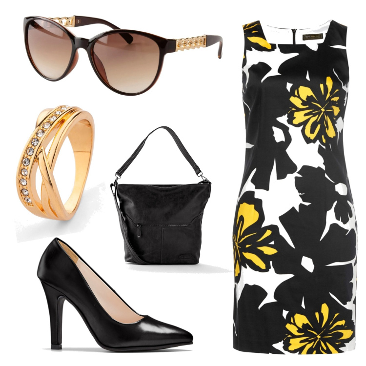 Outfit donna - Curvy saldi e fiori. Stile Casual chic per Ufficio. Abbinamento con borse a tracolla, vestiti a tubino, occhiali da sole, décolleté, anelli.