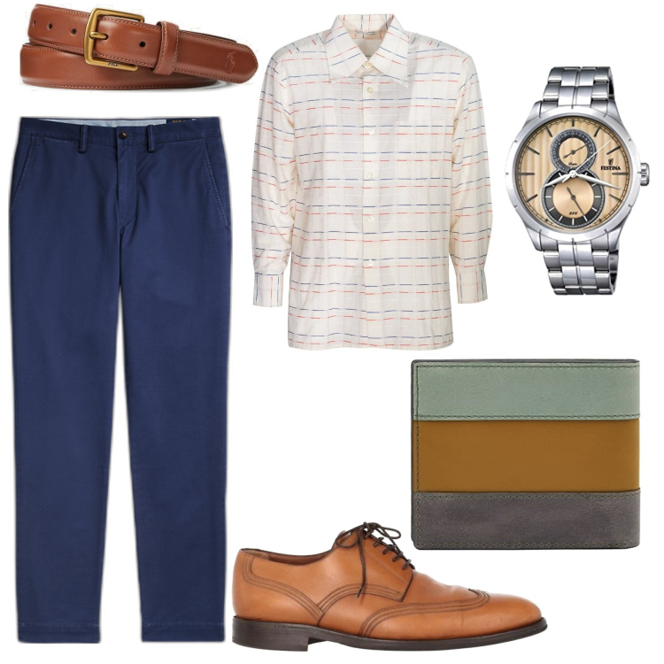 Outfit uomo - In ufficio a luglio. Stile Business/Elegante per Ufficio. Abbinamento con scarpe stringate, camicie, cinture, pantaloni chino, orologi, portafogli.