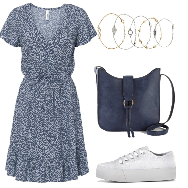 Outfit donna - In blu. Stile Preppy per Scuola/Università. Abbinamento con vestiti corti, sneakers, braccialetti con ciondoli, borse a tracolla.