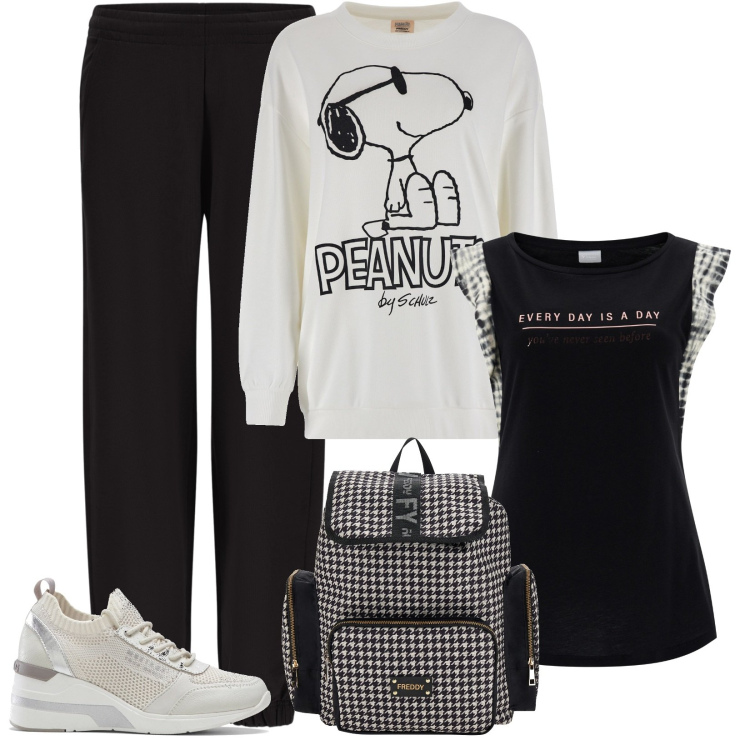 Outfit donna - Tempo variabile in montagna. Stile Sporty chic per Tutti i giorni. Abbinamento con sneakers, pantaloni, zaini, t-shirt, felpe.