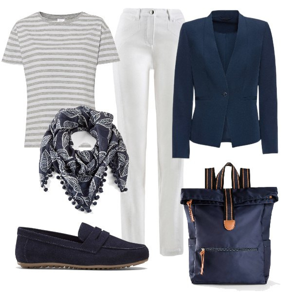 Outfit donna - Total look #1659580. Stile Basic per Ufficio. Abbinamento con blazer, zaini, mocassini, maglieria, pantaloni sportivi, foulard.