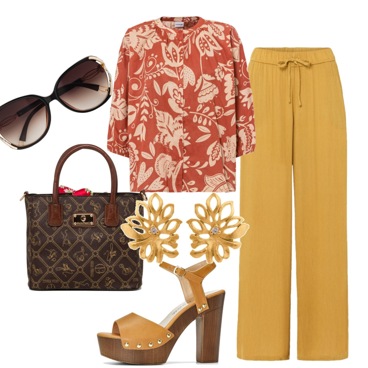 Outfit donna - In ufficio. Stile Basic per Ufficio. Abbinamento con pantaloni, occhiali da sole, camicie, sandali col tacco, borse a mano, orecchini.
