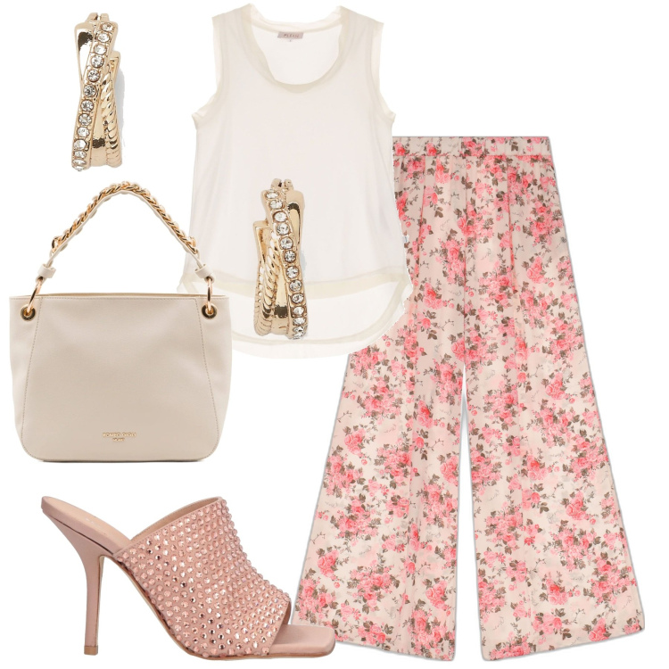 Outfit donna - Shine bright. Stile Casual chic per Tutti i giorni. Abbinamento con sandali in pelle, canottiere, pantaloni a palazzo, orecchini, borse a spalla.