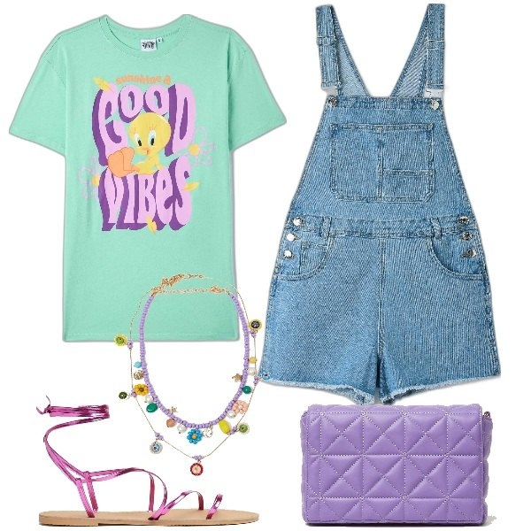 Outfit donna - Sunshine & Good Vibes. Stile Trendy per Tutti i giorni. Abbinamento con sandali alla schiava, collane, borse a spalla, salopette, t-shirt.