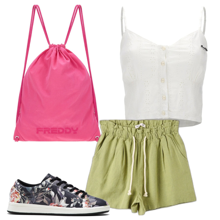 Outfit donna - Picnic in Montagna. Stile Casual per Tutti i giorni. Abbinamento con sneakers, shorts, top, zaini.