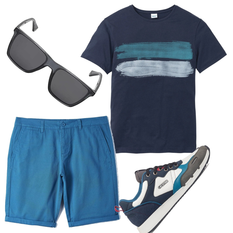 Outfit uomo - Azzurro dentro. Stile Casual per Tutti i giorni. Abbinamento con t-shirt, pantaloni corti, sneakers, occhiali da sole.