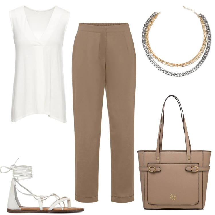 Outfit donna - Estate in Ufficio. Stile Basic per Ufficio. Abbinamento con top, pantaloni, collane, borse a spalla, sandali alla schiava.