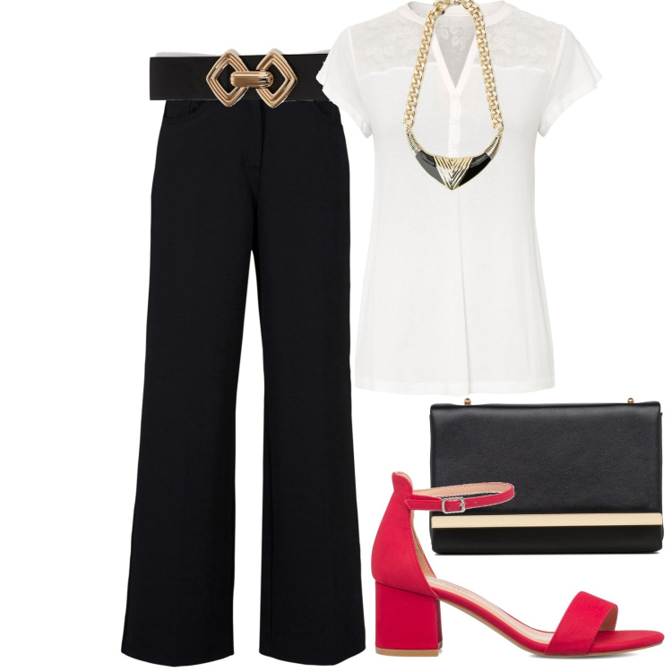 Outfit donna - Classica. Stile Casual chic per Ufficio. Abbinamento con maglieria, pantaloni, cinture, sandali in pelle, clutch, collane.