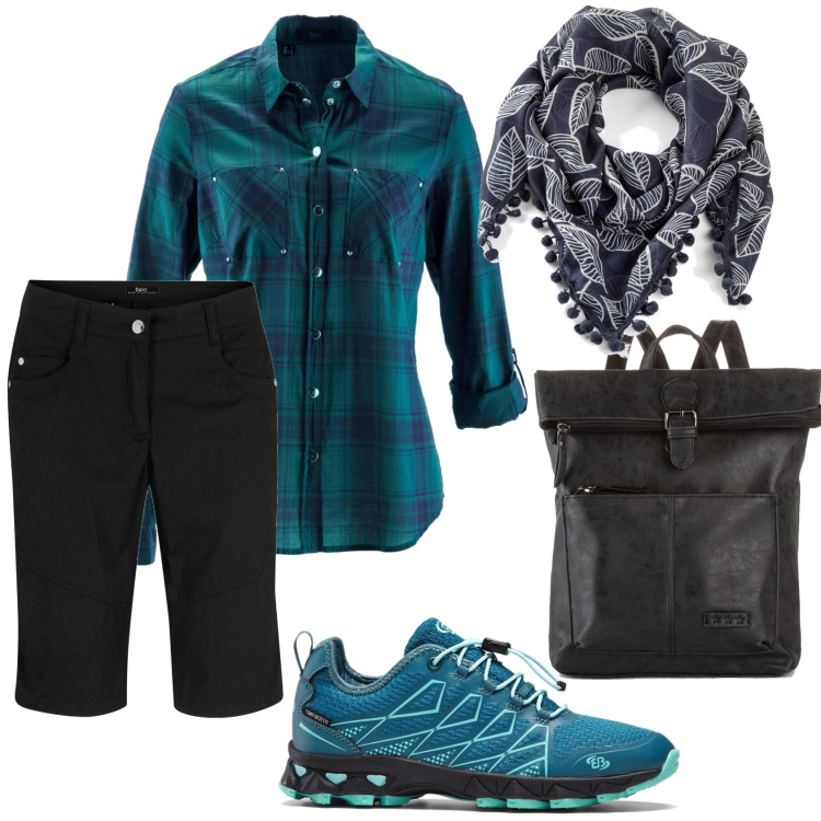 Outfit donna - Picnic in montagna. Stile Mannish per Sport. Abbinamento con camicie, zaini, scarpe sportive, bermuda, foulard.