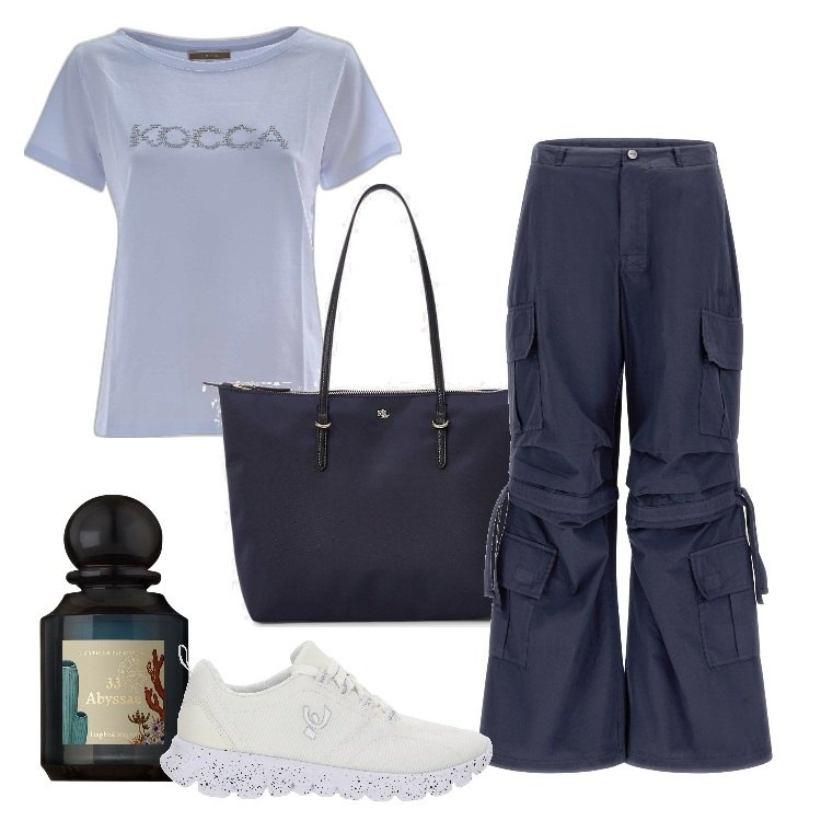 Outfit donna - Di corsa senza stancarsi. Stile Trendy per Tutti i giorni. Abbinamento con pantaloni cargo, sneakers, borse tote, t-shirt, profumi.