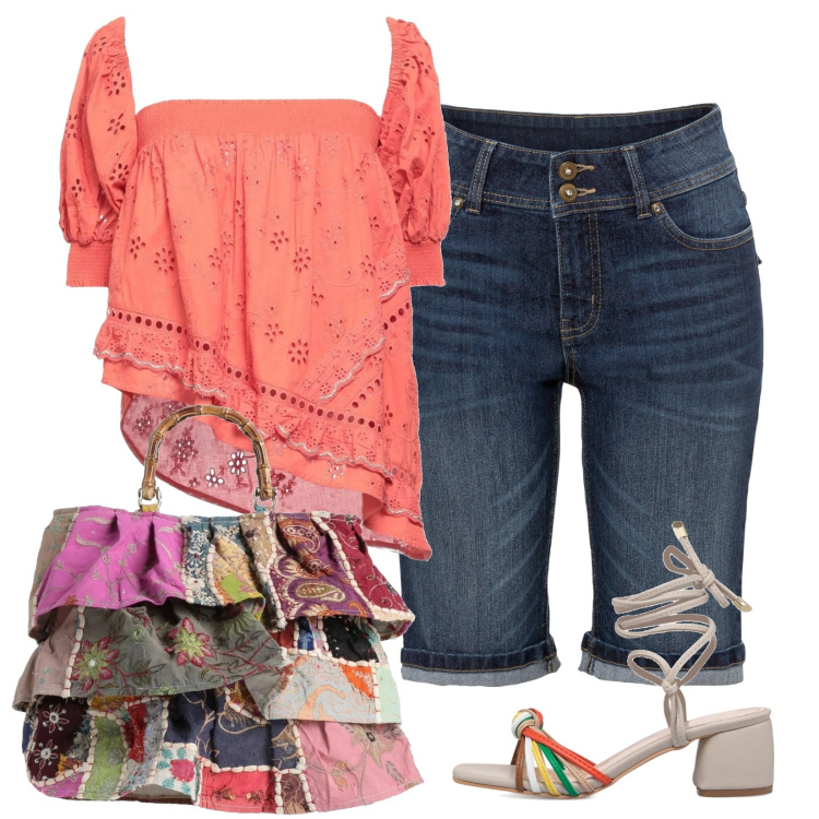 Outfit donna - L\'originale borsa patchwork. Stile Casual per Tutti i giorni. Abbinamento con bermuda, top, borse a mano, sandali alla schiava.