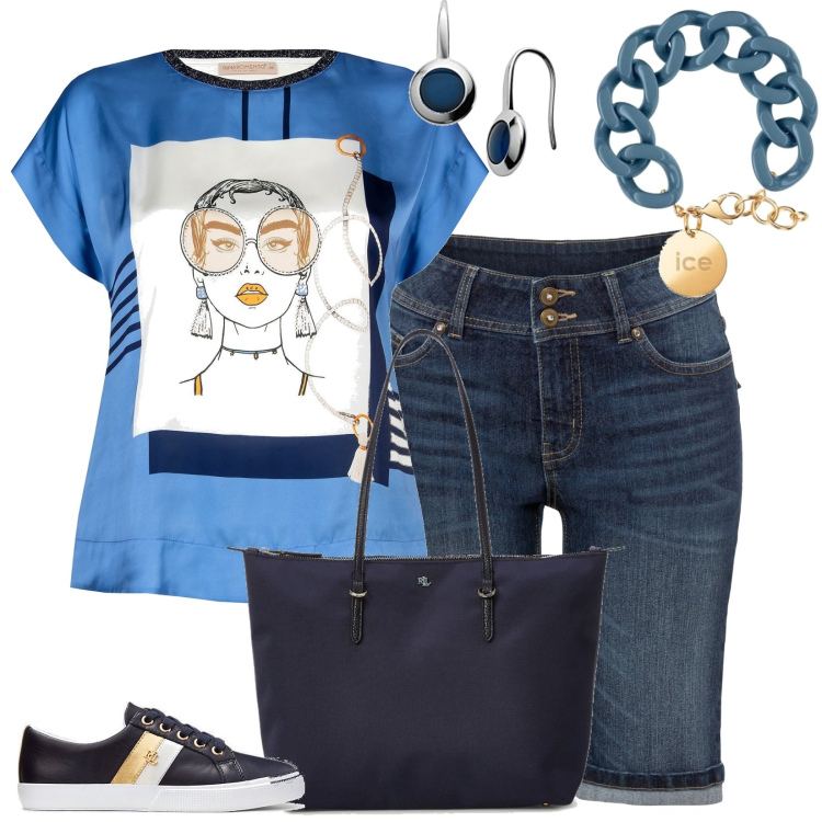 Outfit donna - La blusa stampata e i jeans corti. Stile Casual per Tutti i giorni. Abbinamento con bermuda, bluse, borse tote, sneakers, braccialetti, orecchini.