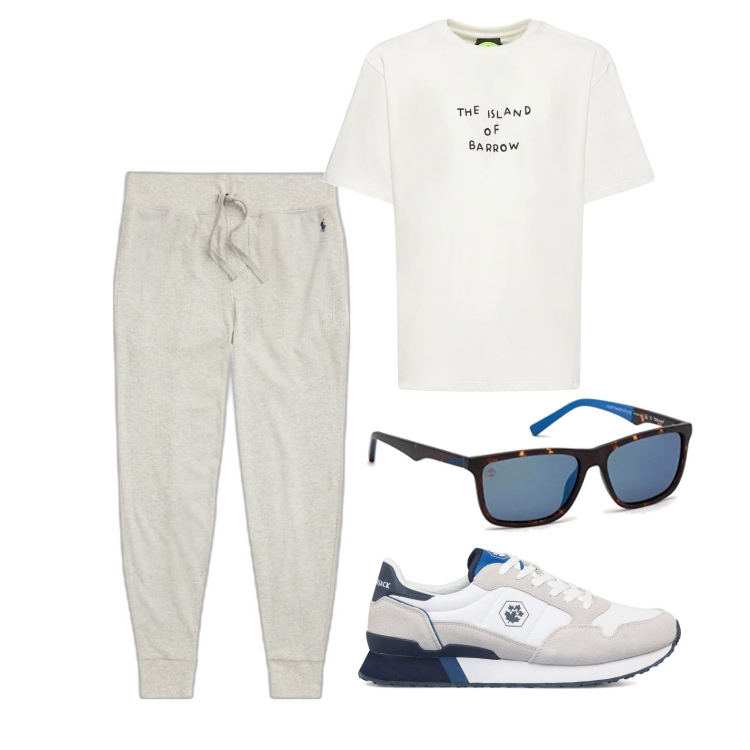 Outfit uomo - Ghost outfitter - luglio. Stile Casual per Tutti i giorni. Abbinamento con pantaloni, sneakers, occhiali da sole, t-shirt.
