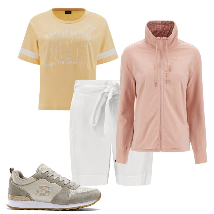 Outfit donna - Picnic in montagna. Stile Sporty chic per Tutti i giorni. Abbinamento con sneakers, shorts, felpe, t-shirt.