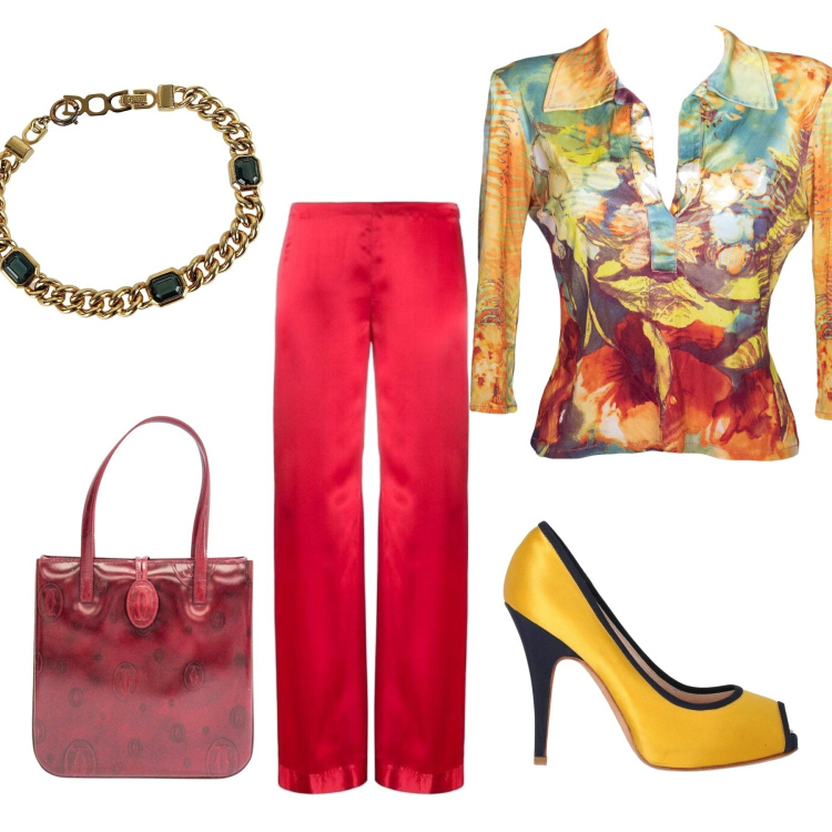 Outfit donna - Total look #1660146. Stile Glamour per Ufficio. Abbinamento con top, borse a mano, pantaloni a palazzo, décolleté, braccialetti.