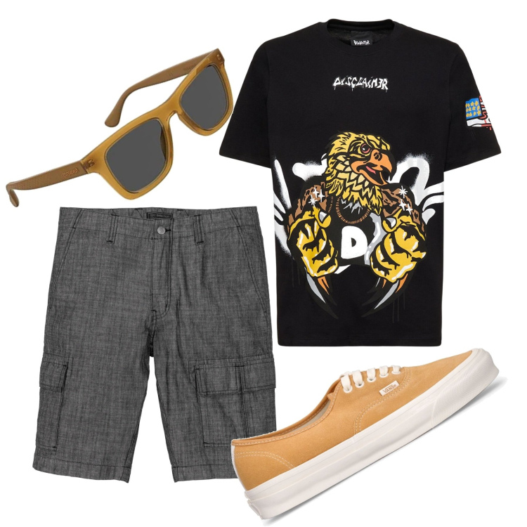 Outfit uomo - Giallo e nero. Stile Urban per Tutti i giorni. Abbinamento con bermuda, t-shirt, sneakers, occhiali da sole.