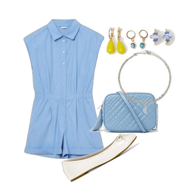 Outfit donna - La tutina a camicetta d\'estate.. Stile Romantica per Tutti i giorni. Abbinamento con ballerine, borse a tracolla, tuta corta, orecchini, ciondoli.