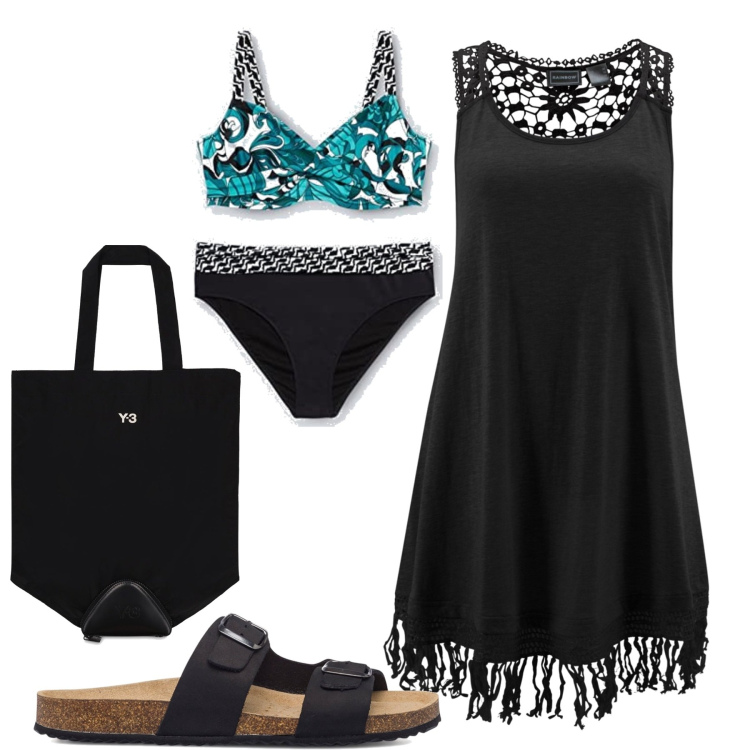 Outfit donna - Black on the beach. Stile Glamour per Mare. Abbinamento con vestiti da spiaggia, sandali in pelle, bikini, shopping bag.