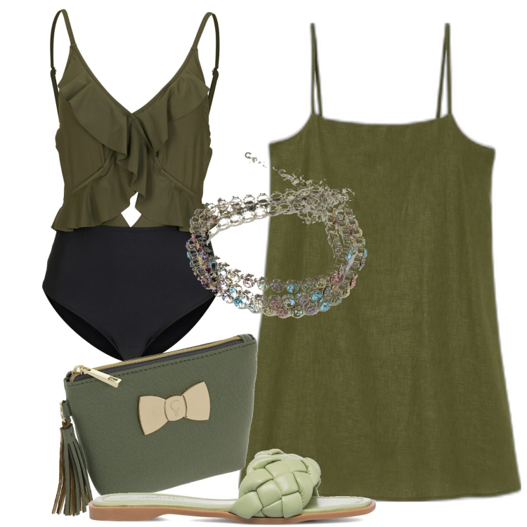 Outfit donna - In spiaggia. Stile Minimal per Mare. Abbinamento con costumi interi, vestiti corti, braccialetti, ciabatte, valigie.
