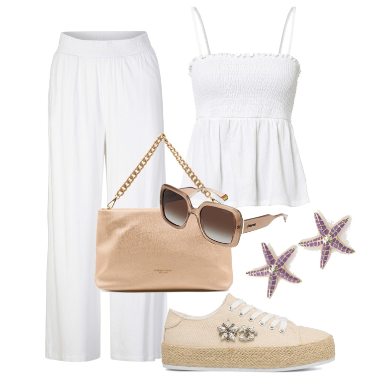 Outfit donna - Bianco d\'estate. Stile Casual chic per Tutti i giorni. Abbinamento con pantaloni, top, orecchini, sneakers, borse a spalla, occhiali da sole.