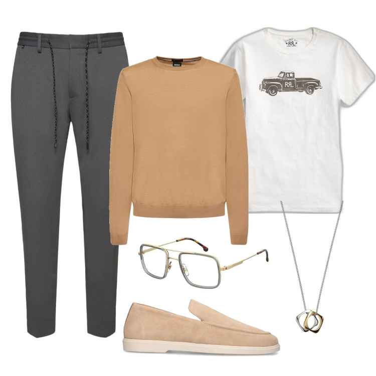 Outfit uomo - Riunione estiva. Stile Casual per Ufficio. Abbinamento con t-shirt, scarpe stringate, occhiali da sole, collane, pantaloni, maglieria.