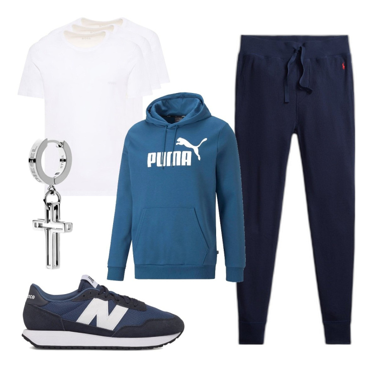 Outfit uomo - Sui colli senesi. Stile Urban per Tutti i giorni. Abbinamento con pantaloni, felpe con cappuccio, sneakers, t-shirt, orecchini.