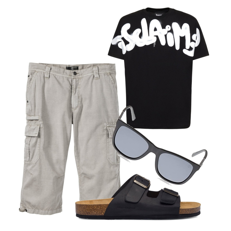 Outfit uomo - Comodo. Stile Urban per Tutti i giorni. Abbinamento con bermuda, sandali, occhiali da sole, t-shirt.