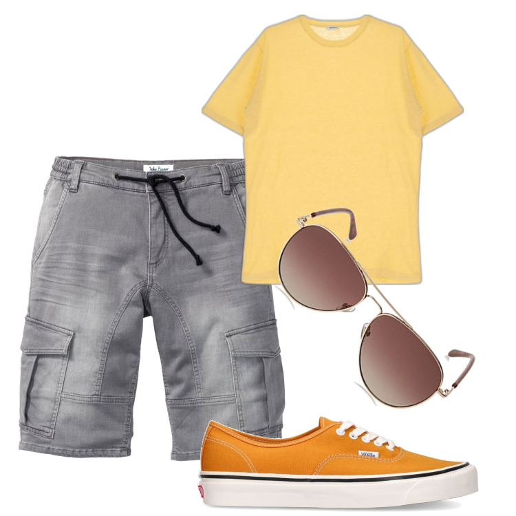 Outfit uomo - Pantalacci in jeans grigio. Stile Casual per Tutti i giorni. Abbinamento con bermuda, t-shirt, sneakers, occhiali da sole.