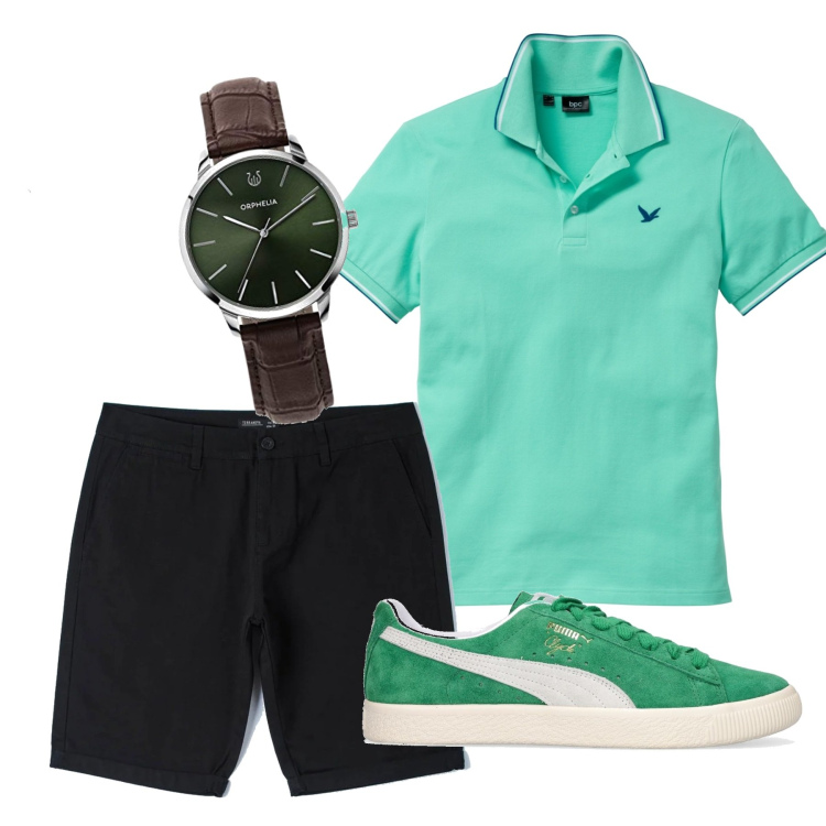 Outfit uomo - Menta piperita. Stile Casual per Tutti i giorni. Abbinamento con polo, bermuda, orologi, sneakers.