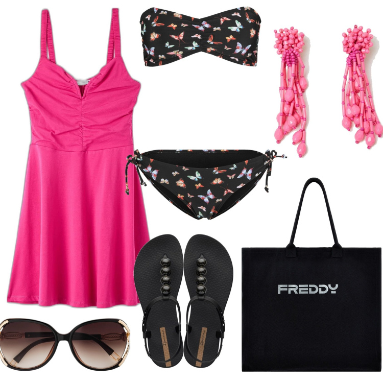 Outfit donna - Bantoa hot summer. Stile Casual chic per Mare. Abbinamento con bikini, occhiali da sole, vestiti midi/longuette, orecchini, borse tote, infradito.