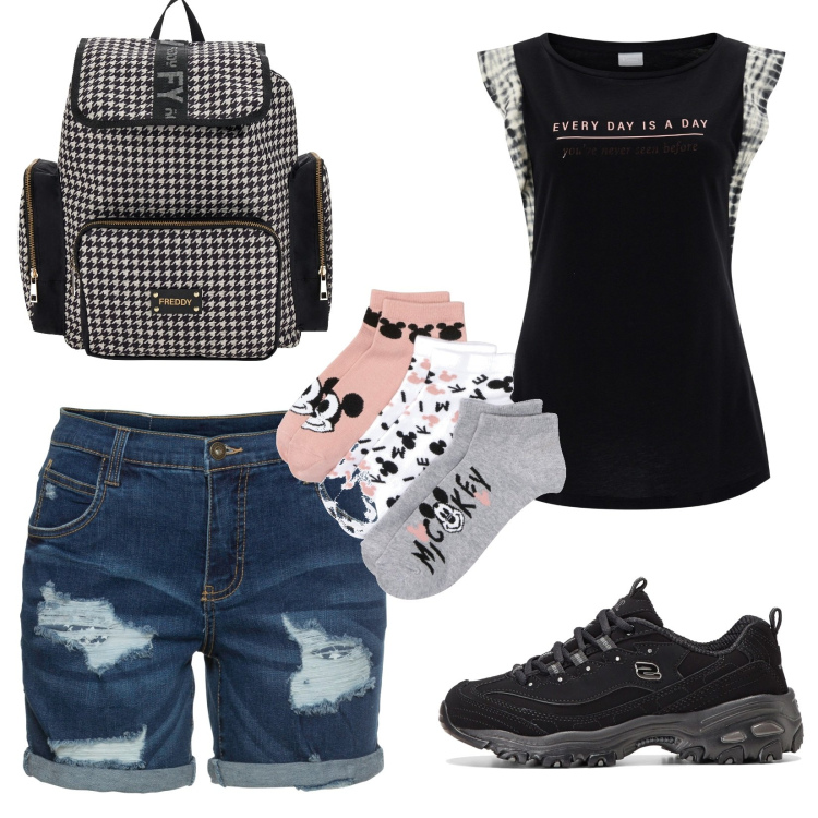 Outfit donna - Total look #1660641. Stile Basic per Tutti i giorni. look ideale per Petite. Abbinamento con calzini, shorts, sneakers, t-shirt, zaini.