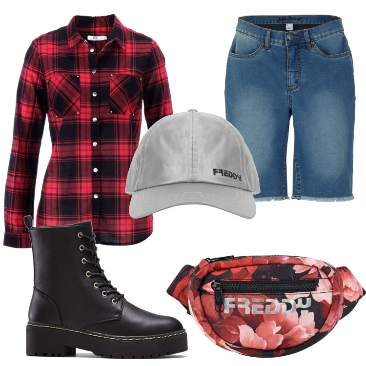 Outfit donna - Total look #1660649. Stile Casual per Tutti i giorni. Abbinamento con camicie, stivaletti, shorts, cappelli con visiera, marsupi.