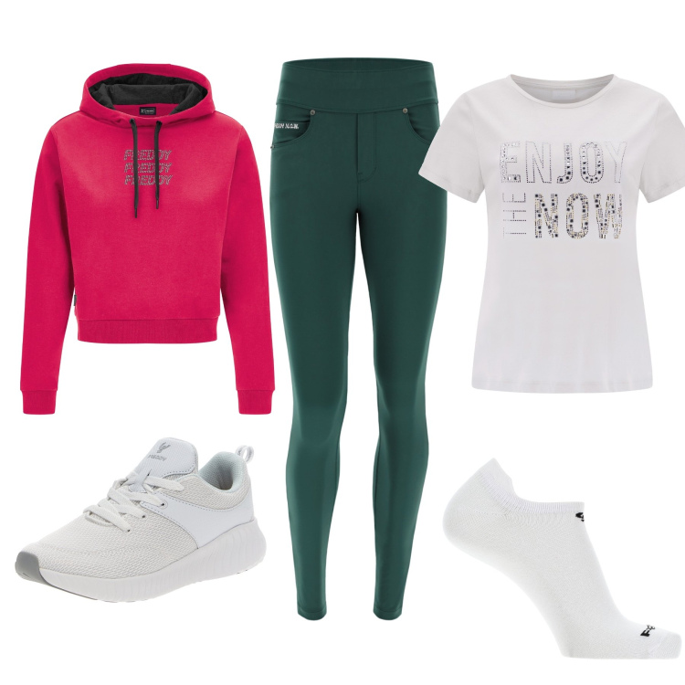 Outfit donna - Picnic in mezzo al Prato in montagna. Stile Sporty chic per Sport. Abbinamento con calzini, sneakers, felpe con cappuccio, pantaloni skinny, t-shirt.
